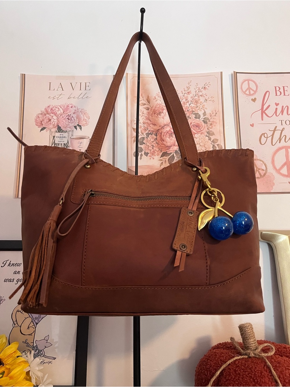 Leather Cognac Brown Large Tote Shoulder Bag